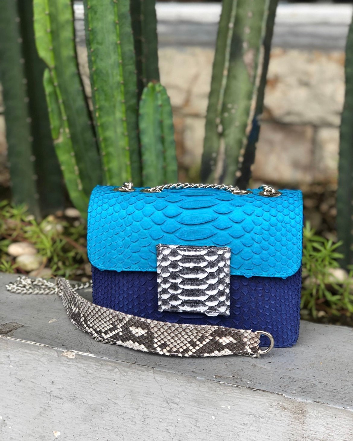 Small Blue Genuine Python Skin Crossbody Bag