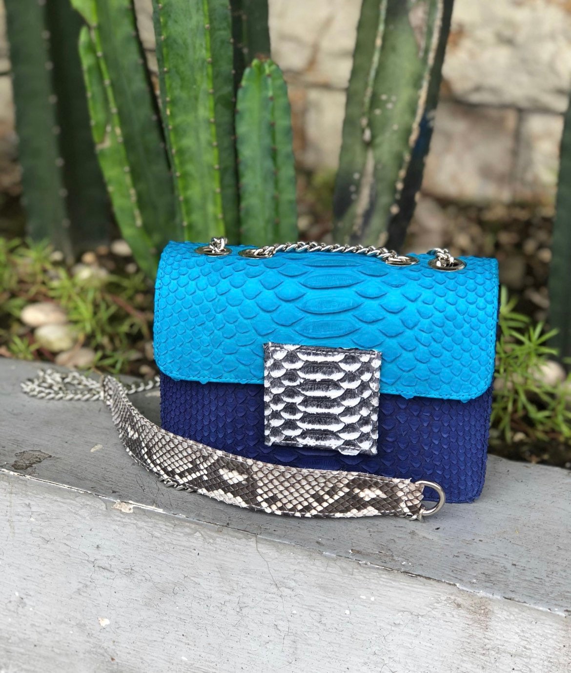 Small Blue Genuine Python Skin Crossbody Bag