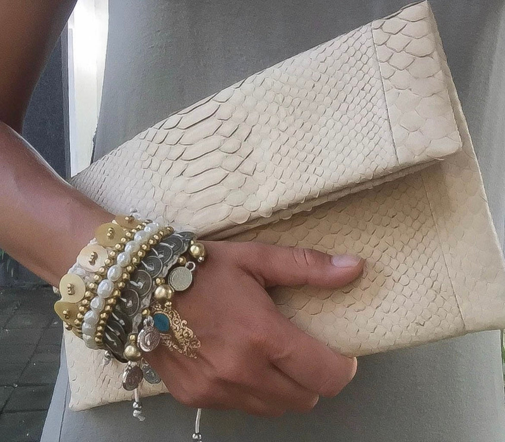 Genuine Python Skin Envelope Clutch — Cream