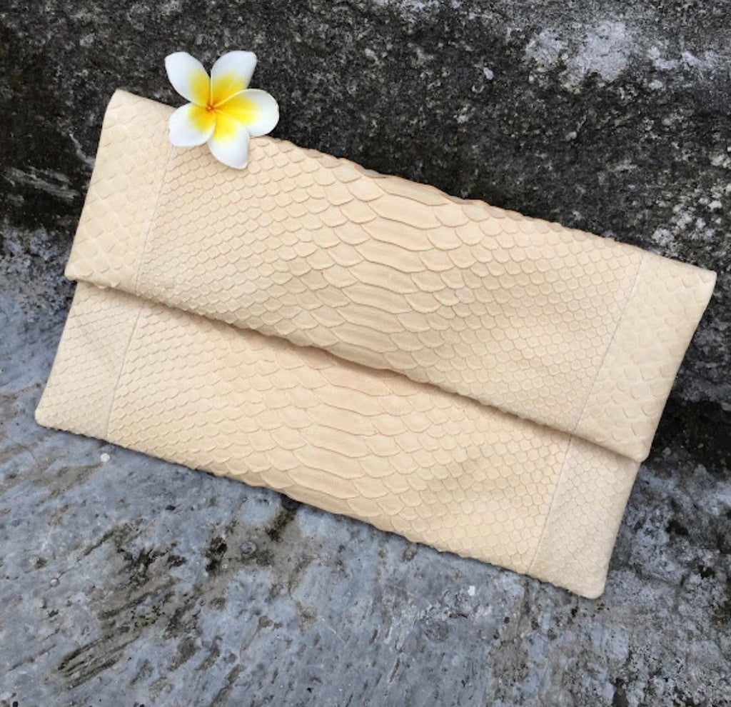 Genuine Python Skin Envelope Clutch — Cream