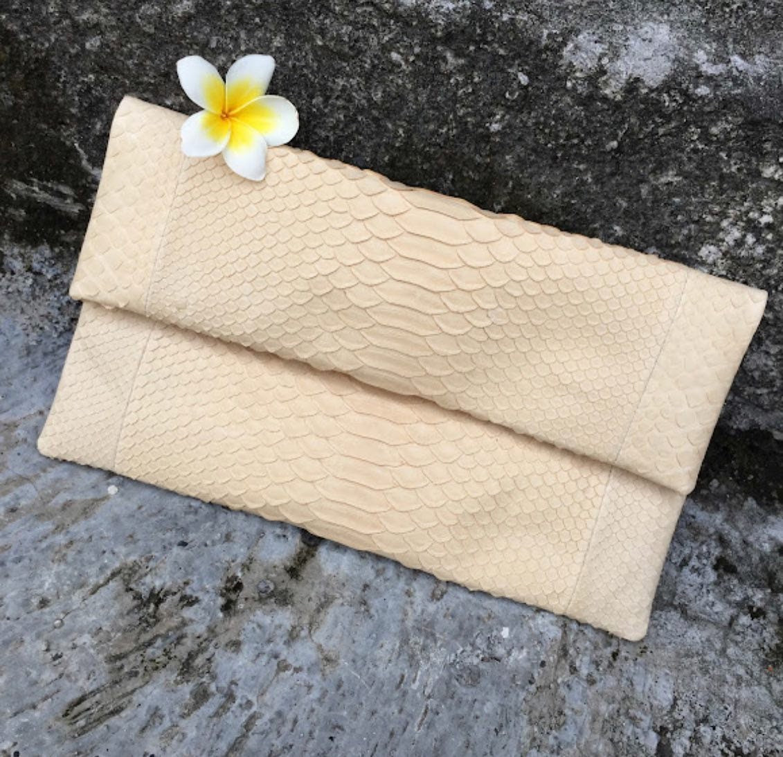 Genuine Python Skin Envelope Clutch — Cream