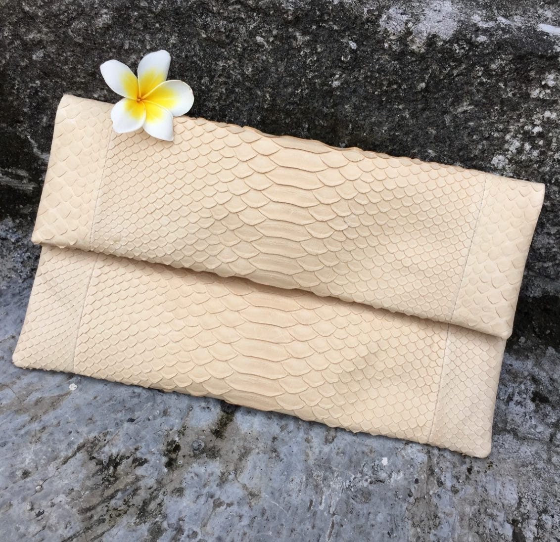 Genuine Python Skin Envelope Clutch — Cream