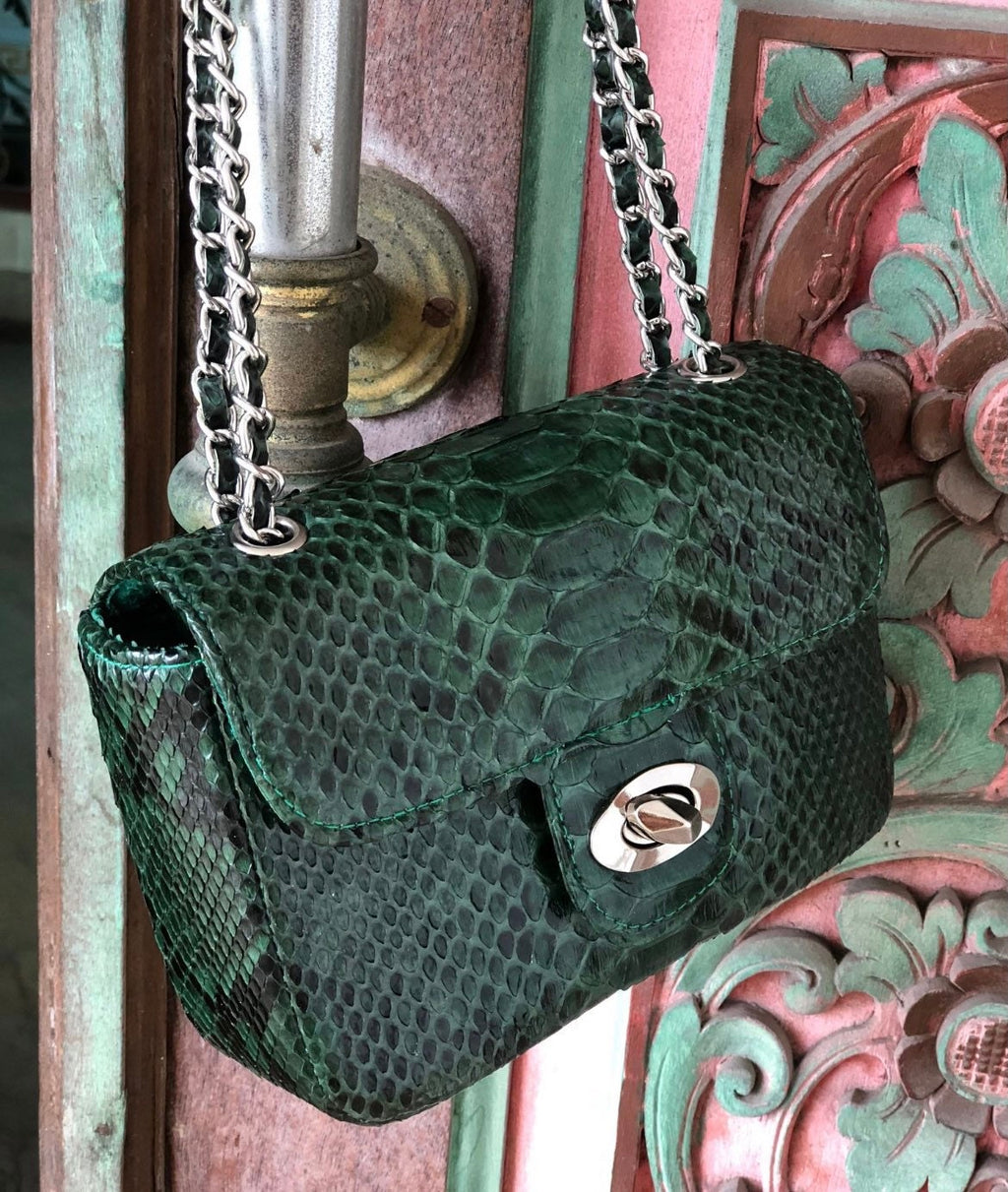 Genuine Python Skin Crossbody Bag — Dark Green