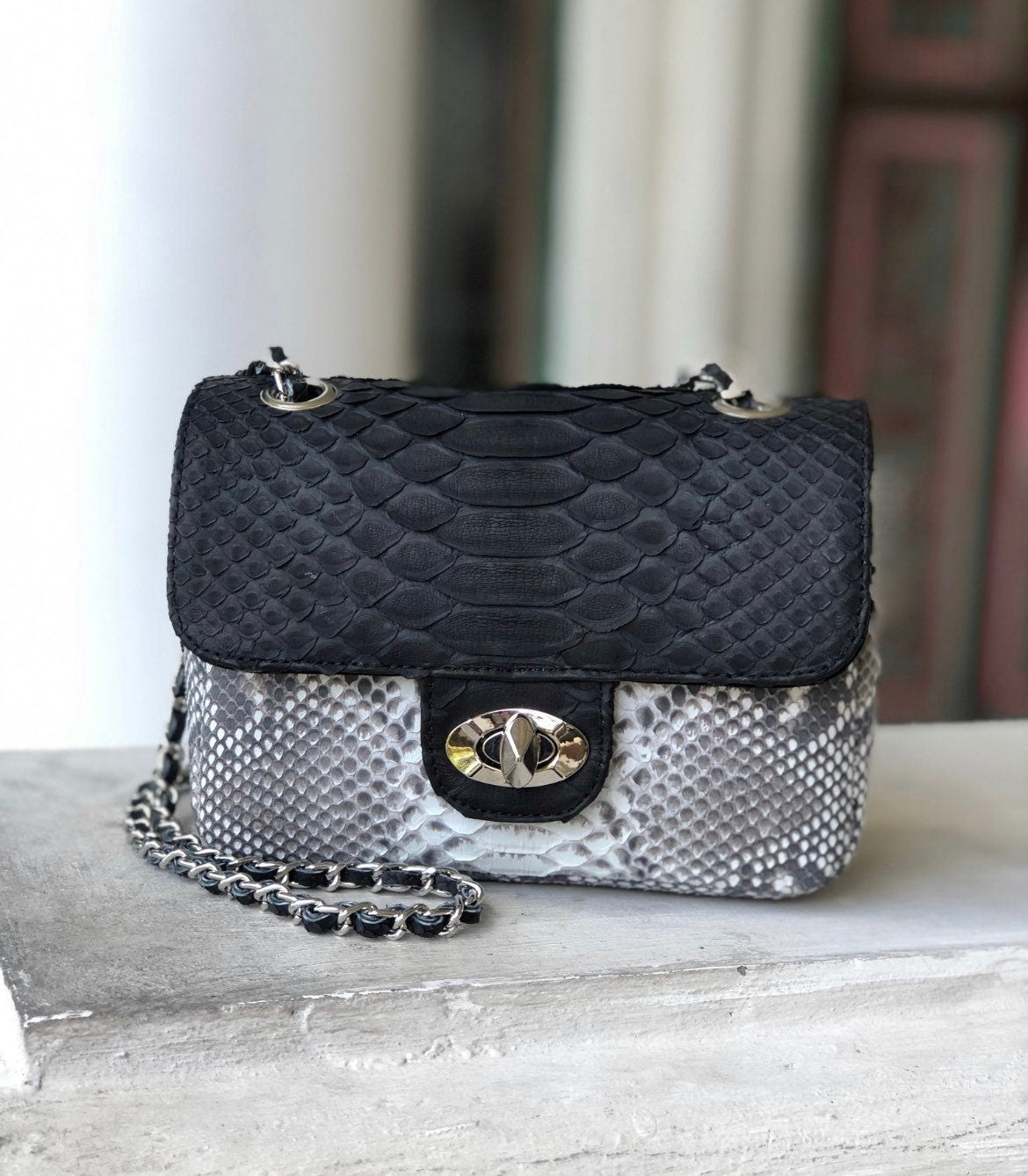 Genuine Python Skin Crossbody Bag — Black & Gray Colorblock