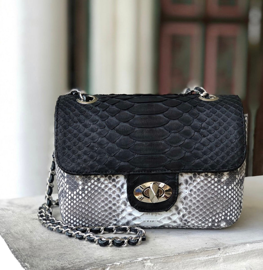 Genuine Python Skin Crossbody Bag — Black & Gray Colorblock