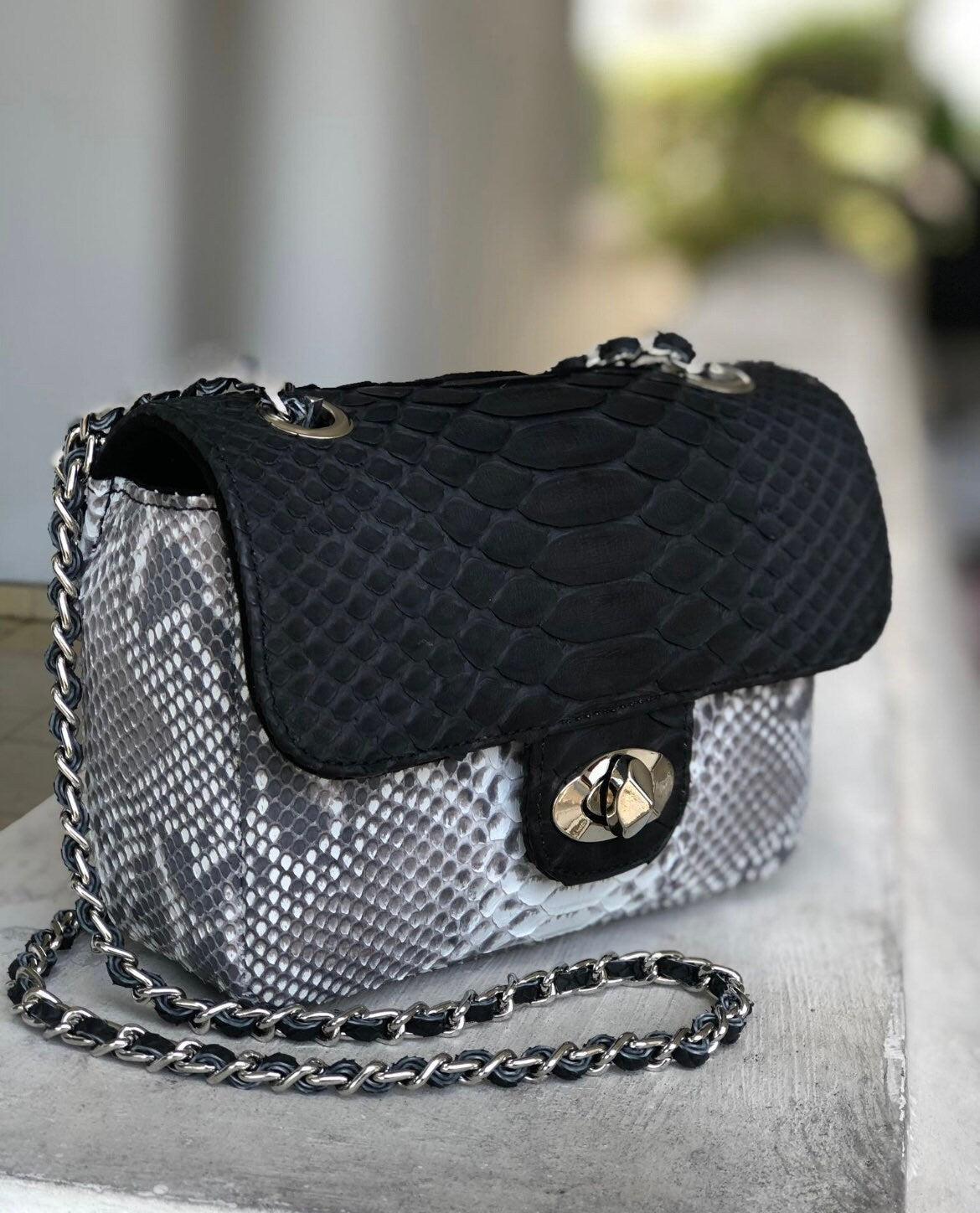 Genuine Python Skin Crossbody Bag — Black & Gray Colorblock