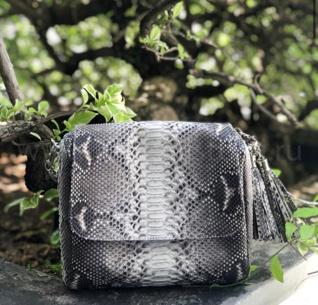 Genuine Python Skin Chain Tassel Crossbody Bag — Gray