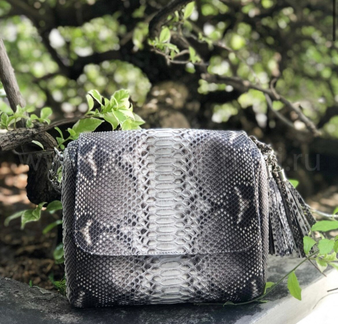 Genuine Python Skin Chain Tassel Crossbody Bag — Gray