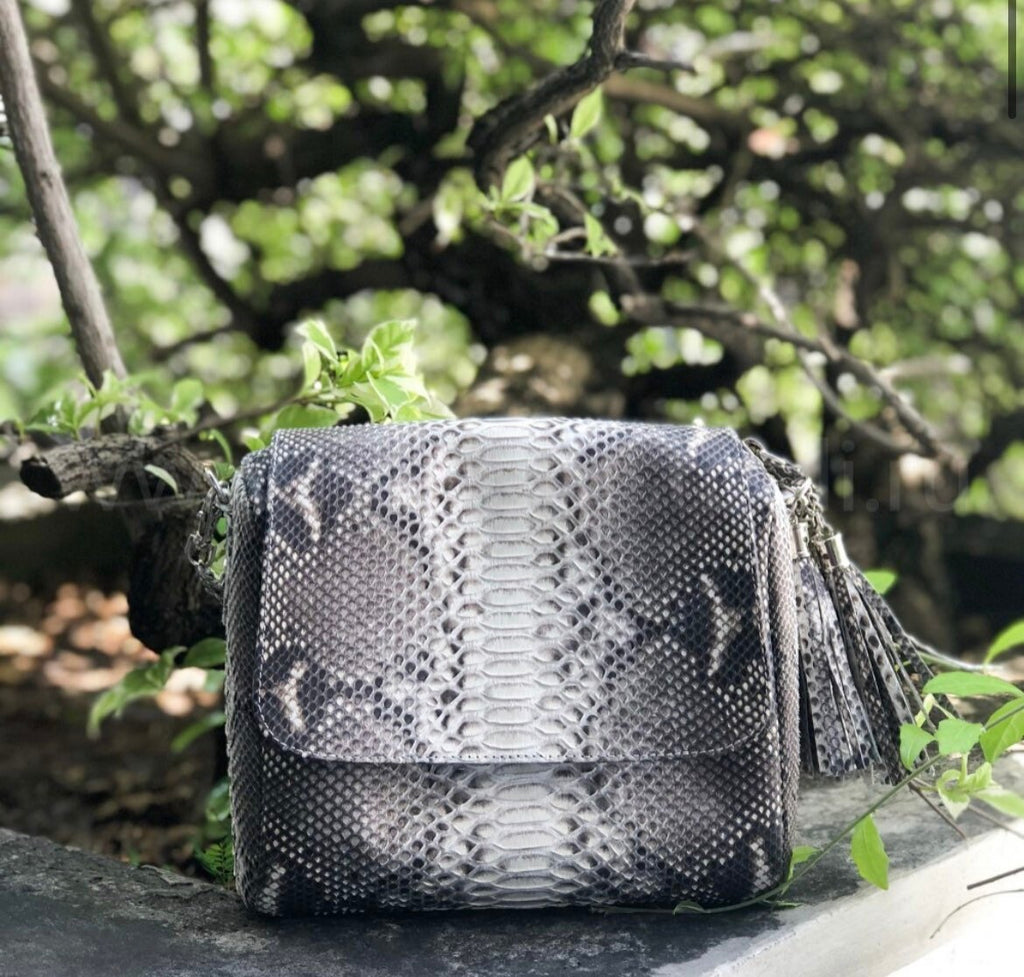 Genuine Python Skin Chain Tassel Crossbody Bag — Gray