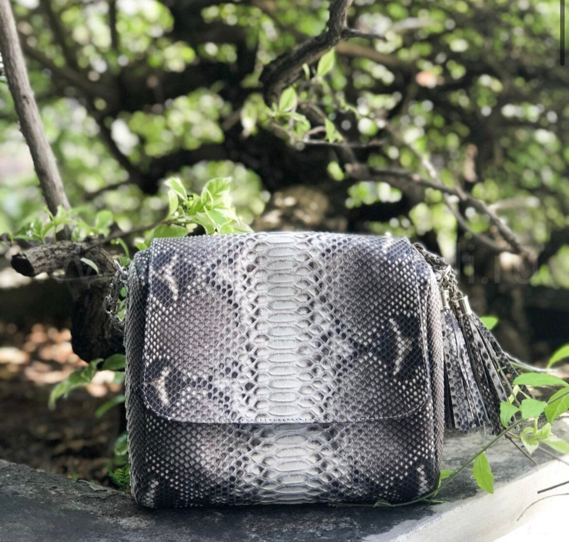 Genuine Python Skin Chain Tassel Crossbody Bag — Gray