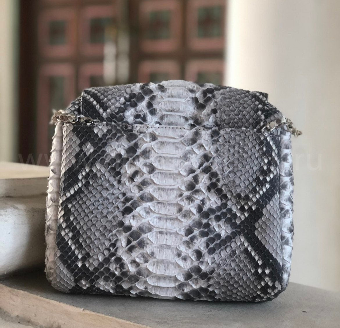 Genuine Python Skin Chain Tassel Crossbody Bag — Gray