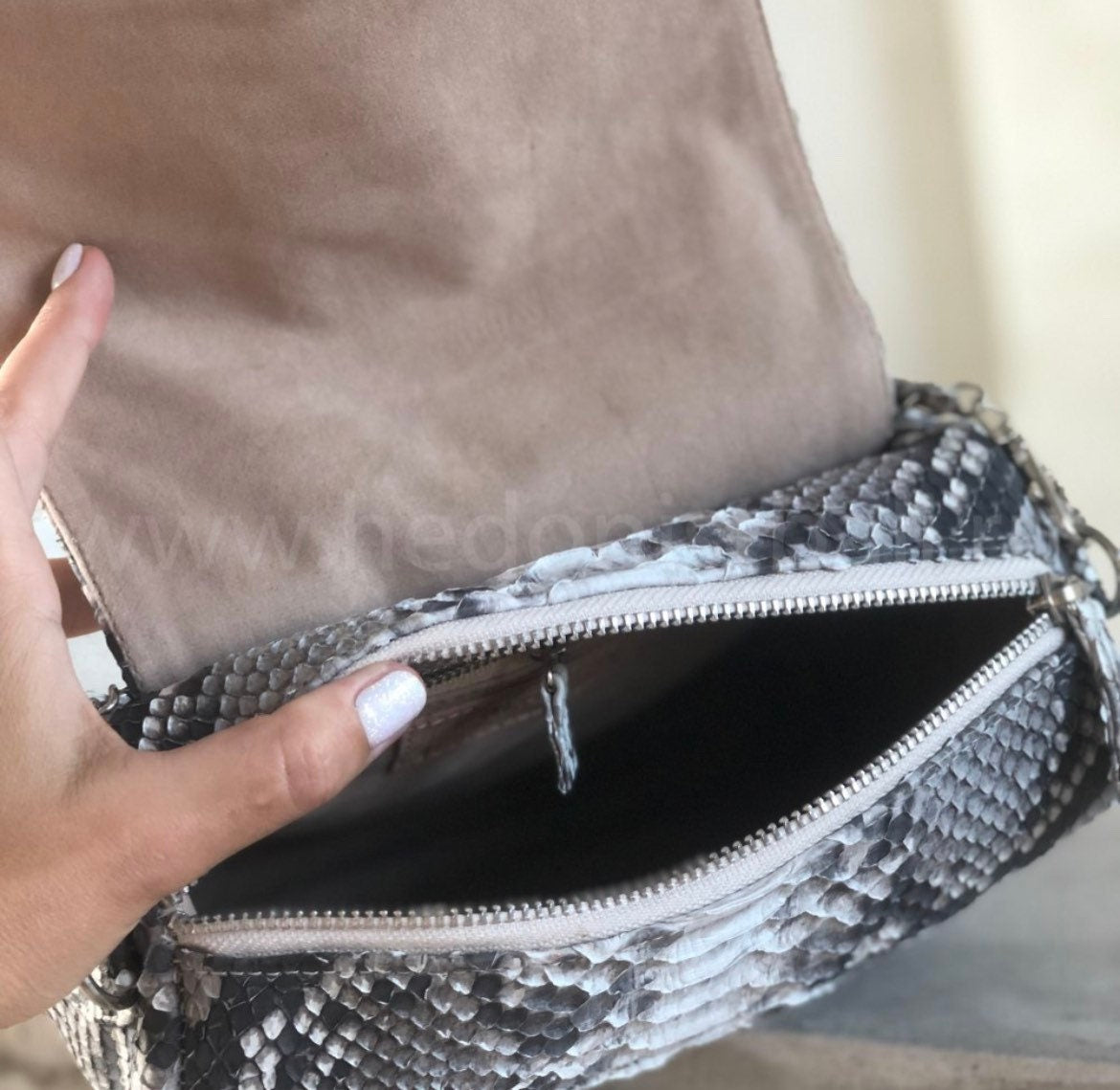 Genuine Python Skin Chain Tassel Crossbody Bag — Gray