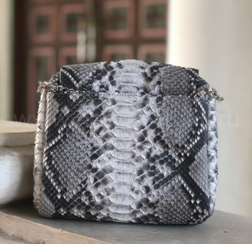 Genuine Python Skin Chain Tassel Crossbody Bag — Gray