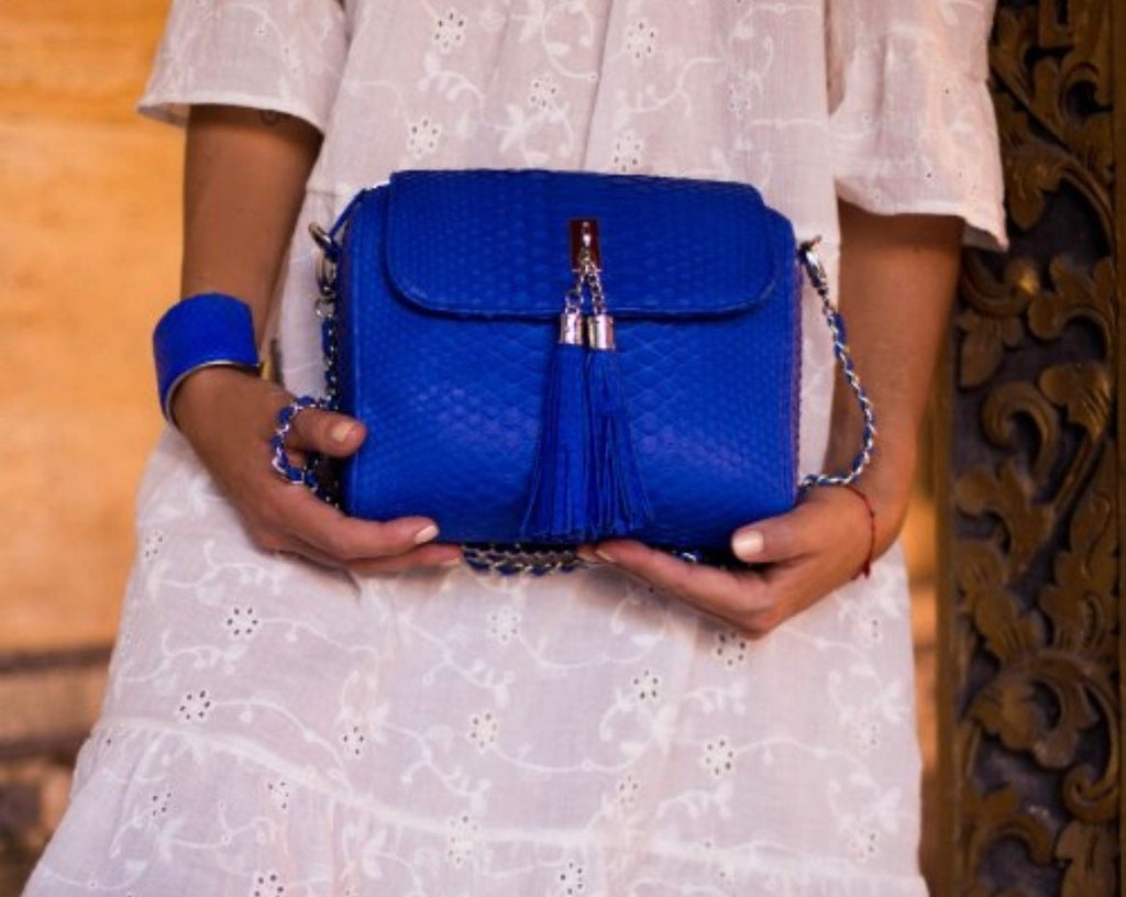 Genuine Python Skin Chain Crossbody Bag — Electric Blue