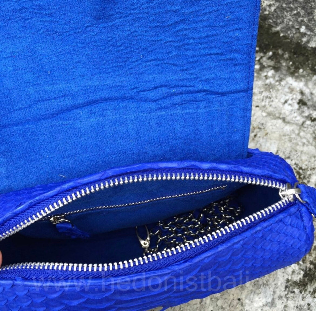 Genuine Python Skin Chain Crossbody Bag — Electric Blue