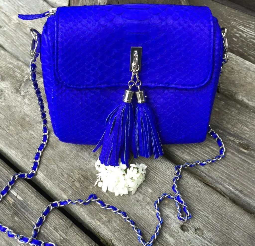 Genuine Python Skin Chain Crossbody Bag — Electric Blue