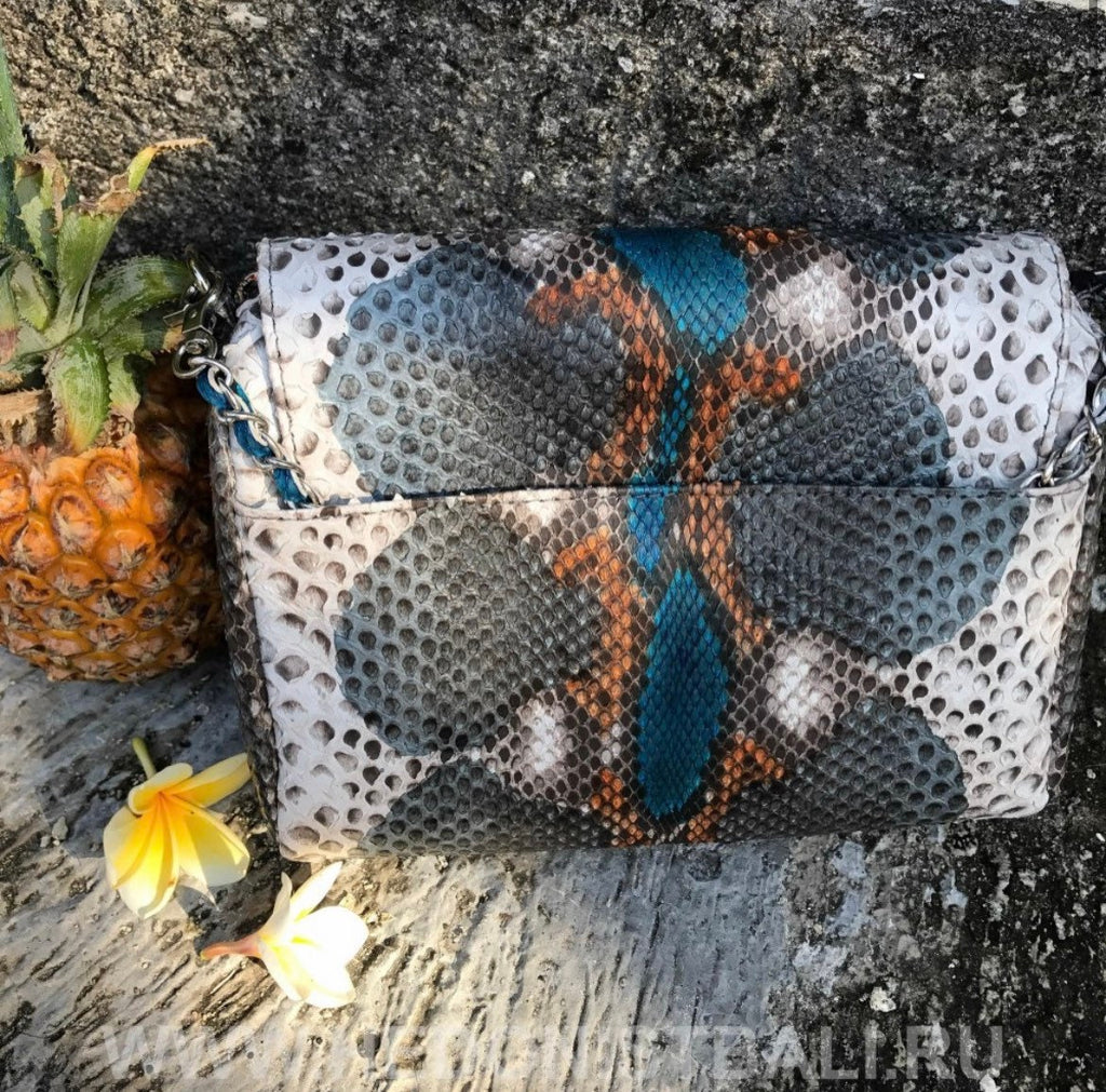 Genuine Python Skin Tassel Crossbody Bag — Turquoise Multicolor