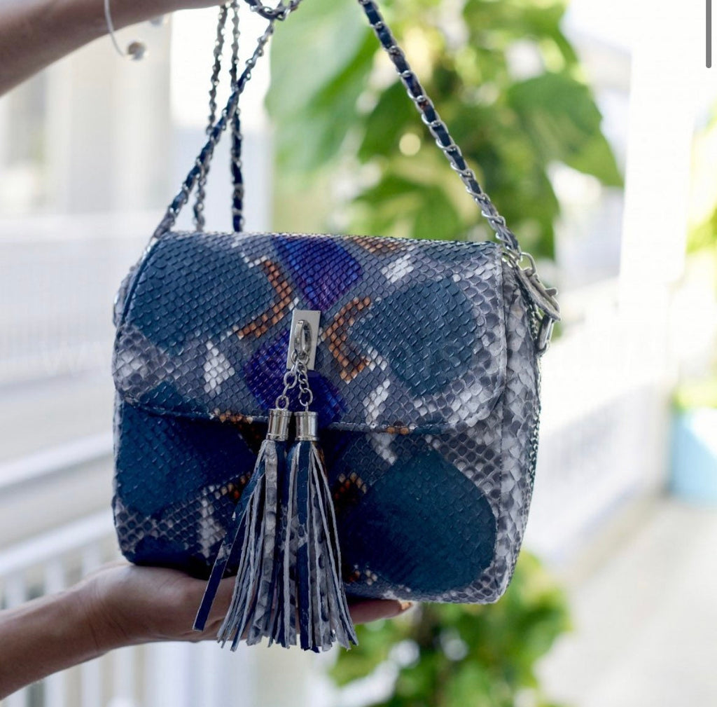 Genuine Python Skin Tassel Crossbody Bag — Turquoise Multicolor