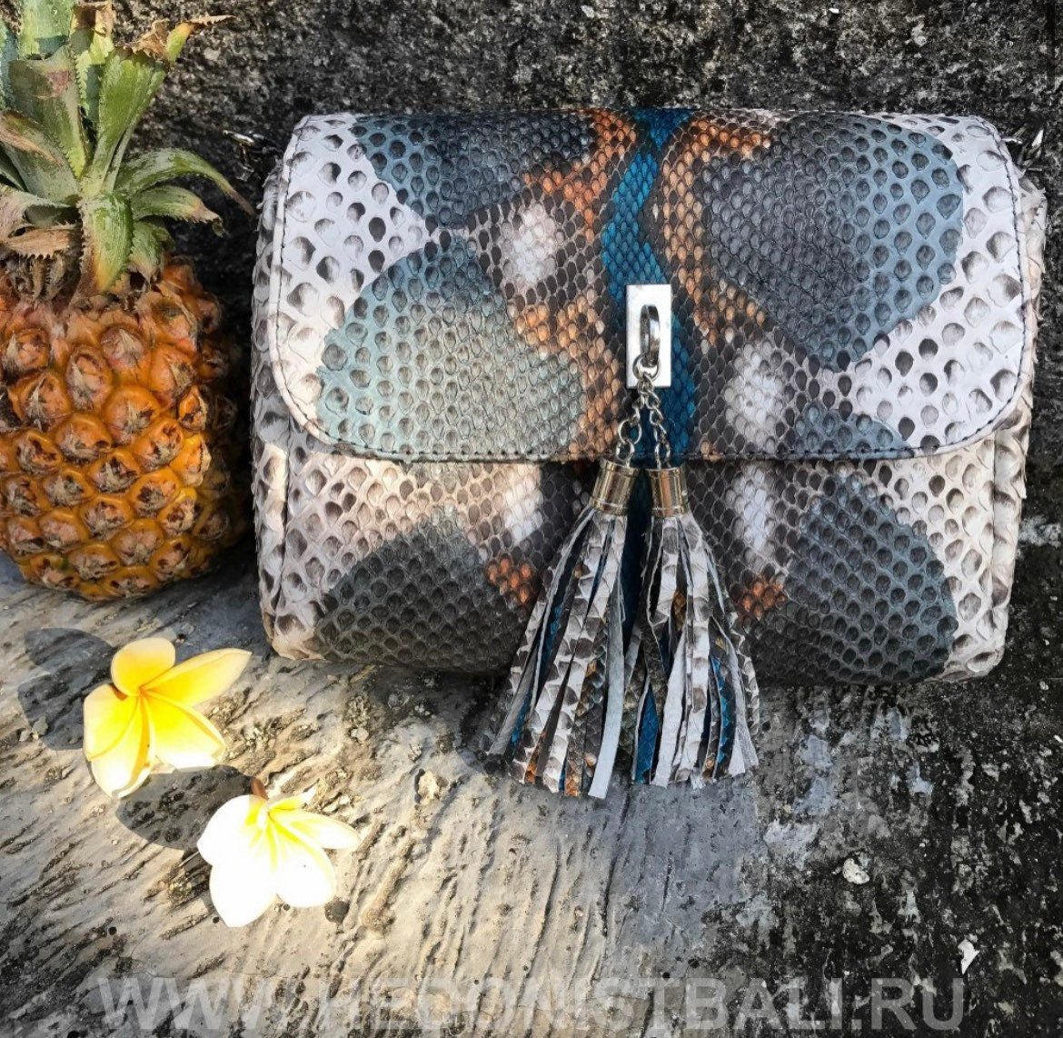 Genuine Python Skin Tassel Crossbody Bag — Turquoise Multicolor