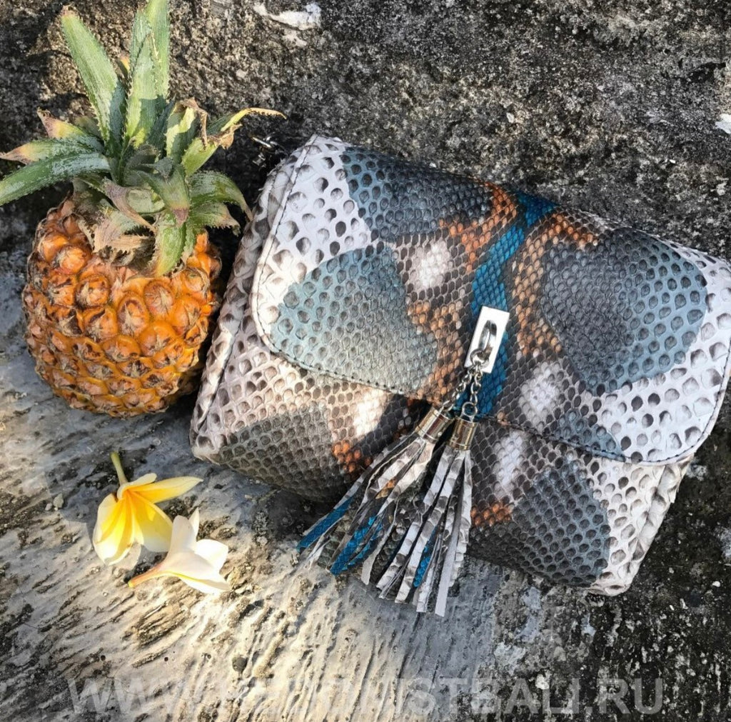 Genuine Python Skin Tassel Crossbody Bag — Turquoise Multicolor