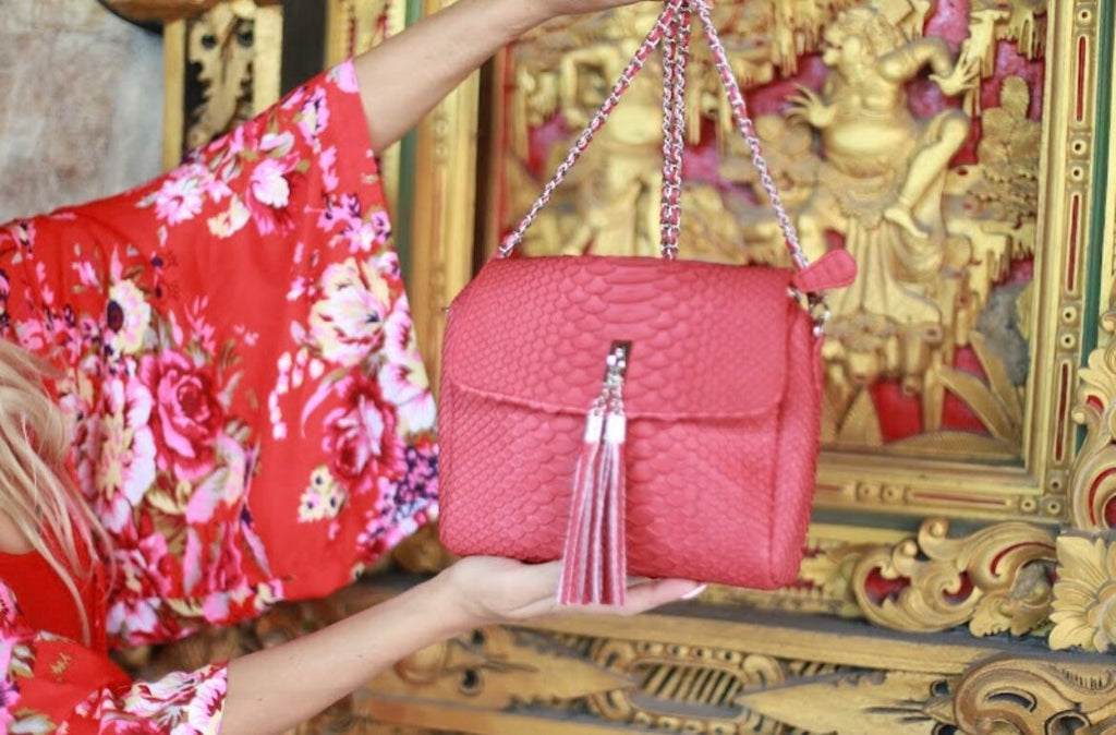 Genuine Python Skin Chain Tassel Crossbody Bag — Red