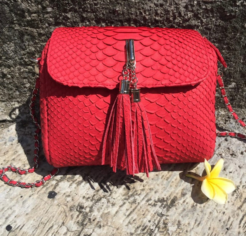 Genuine Python Skin Chain Tassel Crossbody Bag — Red