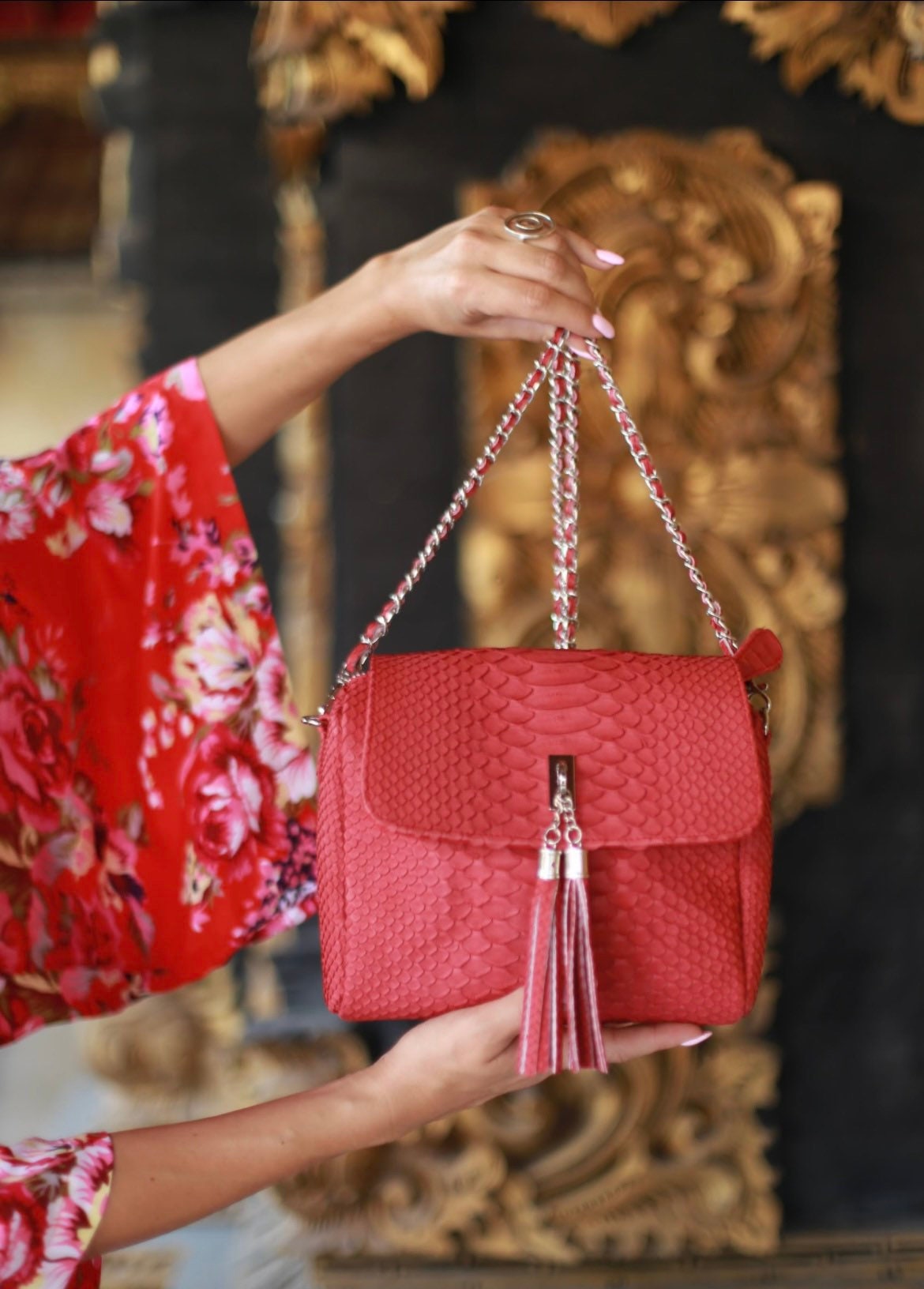 Genuine Python Skin Chain Tassel Crossbody Bag — Red