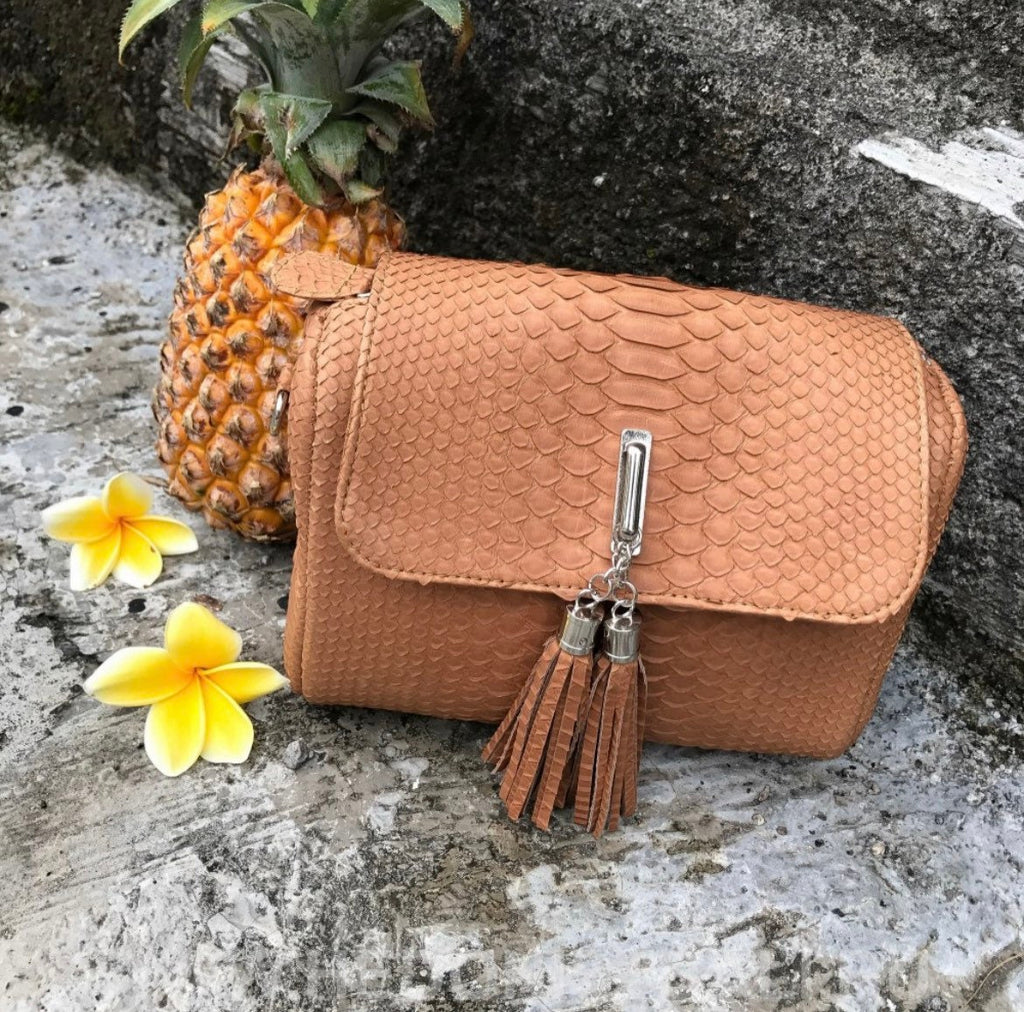 Genuine Python Skin Crossbody Bag — Beige