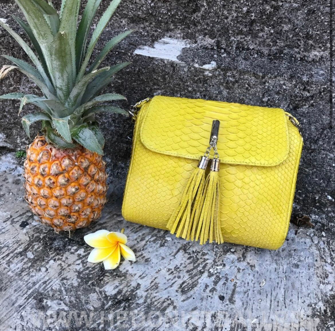 Genuine Python Skin Chain Tassel Crossbody Bag — Yellow