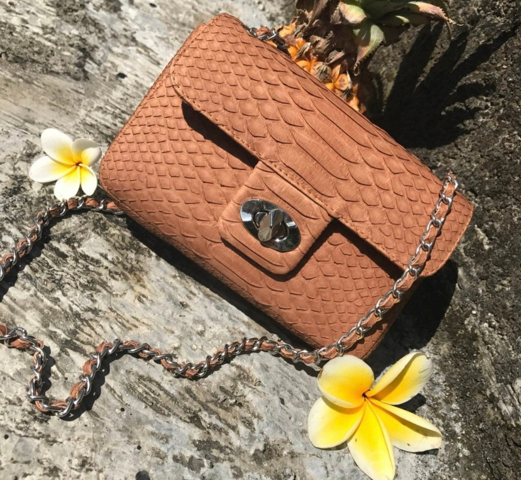 Genuine Python Skin Crossbody Bag — Beige Nude