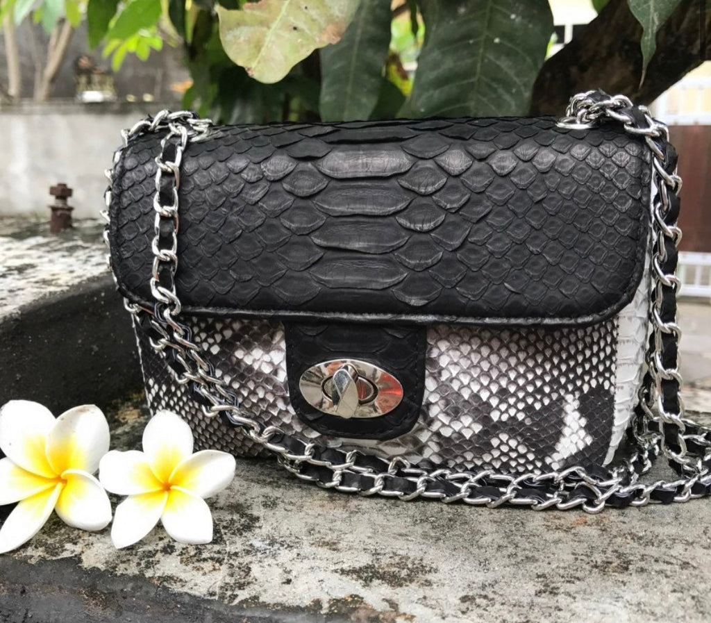 Genuine Python Skin Crossbody Bag — Black & Gray Colorblock
