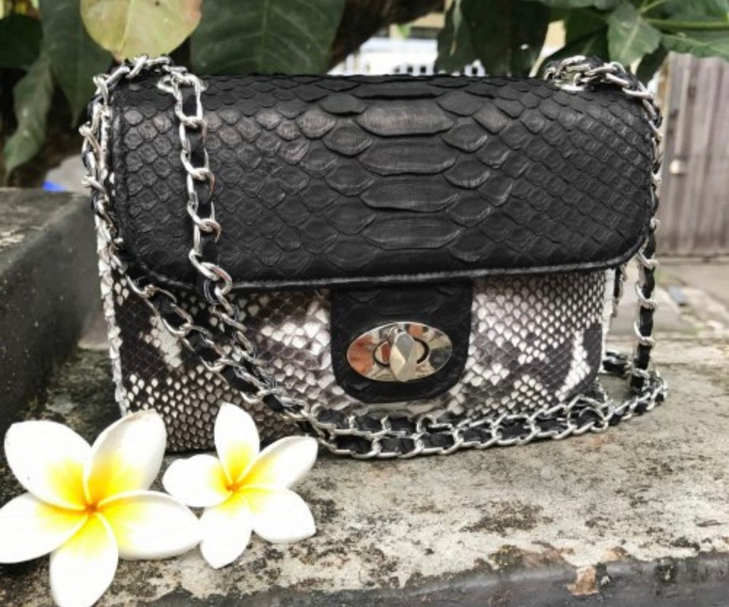 Genuine Python Skin Crossbody Bag — Black & Gray Colorblock
