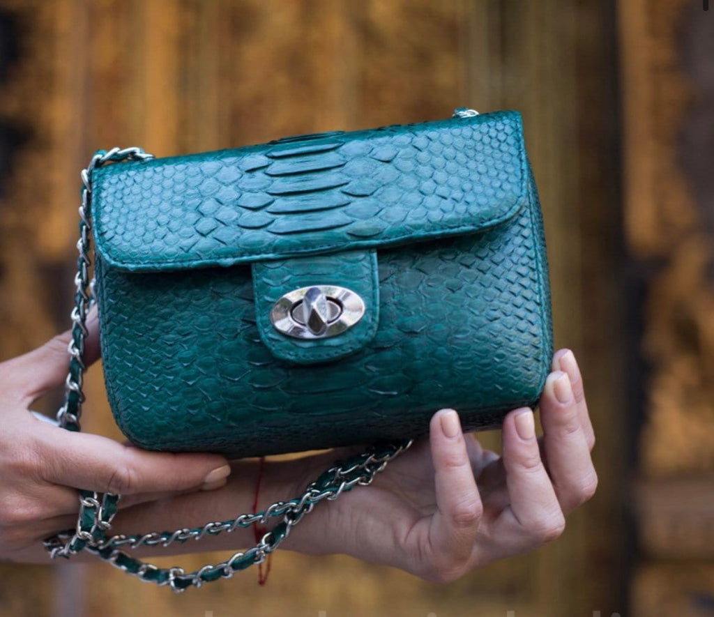 Genuine Python Skin Crossbody Bag — Dark Green