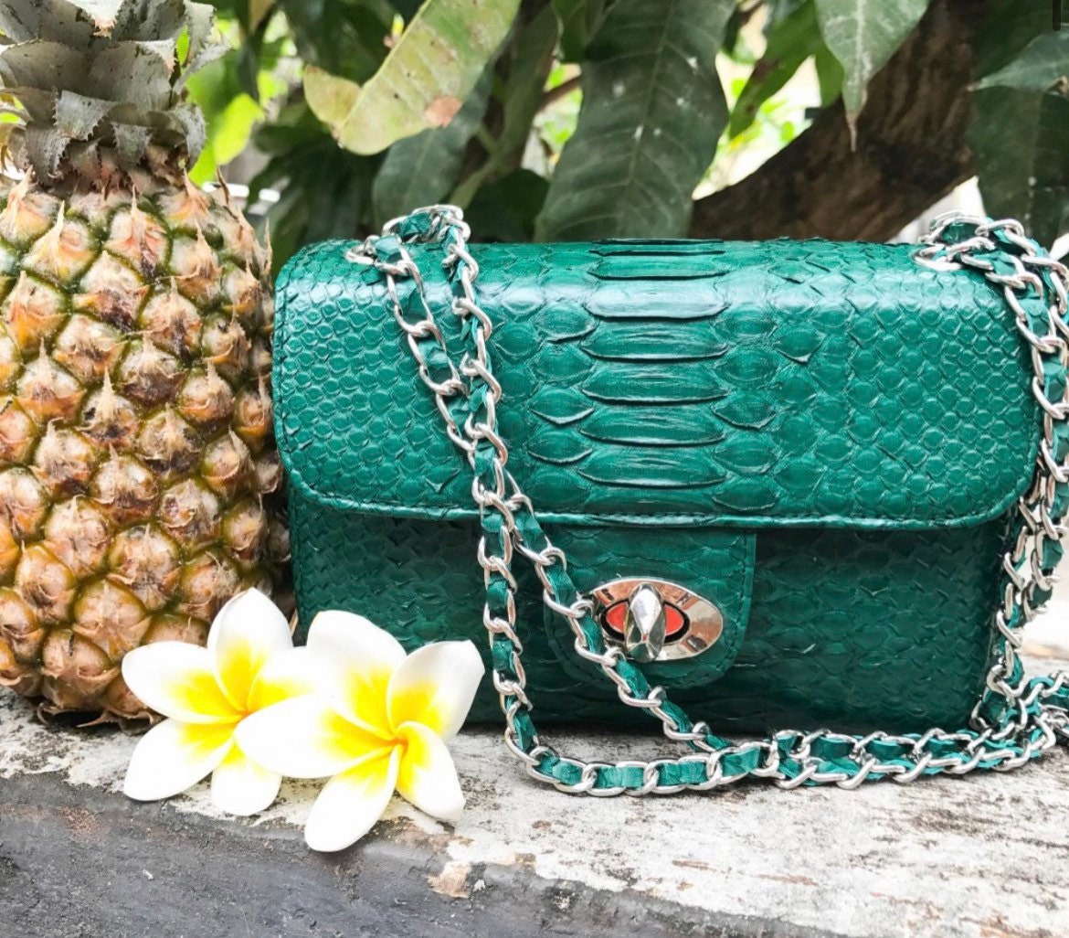 Genuine Python Skin Crossbody Bag — Dark Green