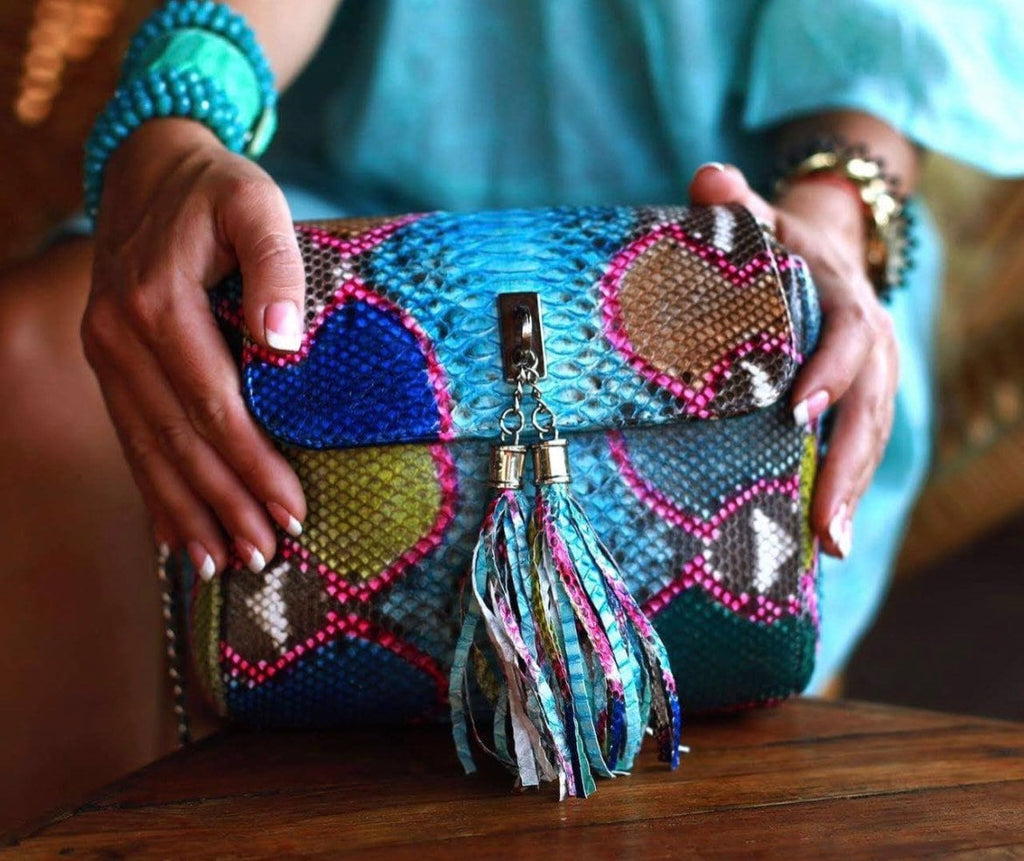 Genuine Python Skin Tassel Crossbody Bag — Turquoise Multicolor