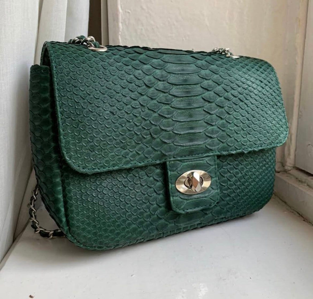 Dark Green Genuine Python Skin Crossbody Chain Bag