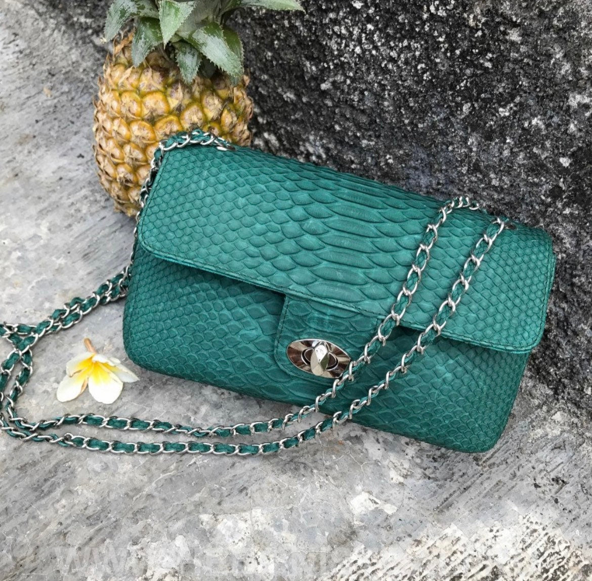 Dark Green Genuine Python Skin Crossbody Chain Bag
