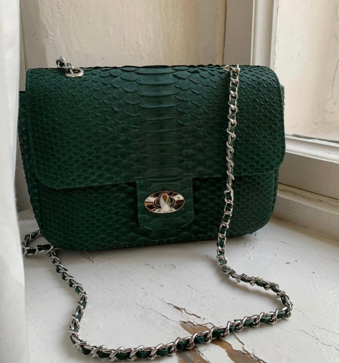 Genuine Python Skin Chain Crossbody Bag — Dark Green