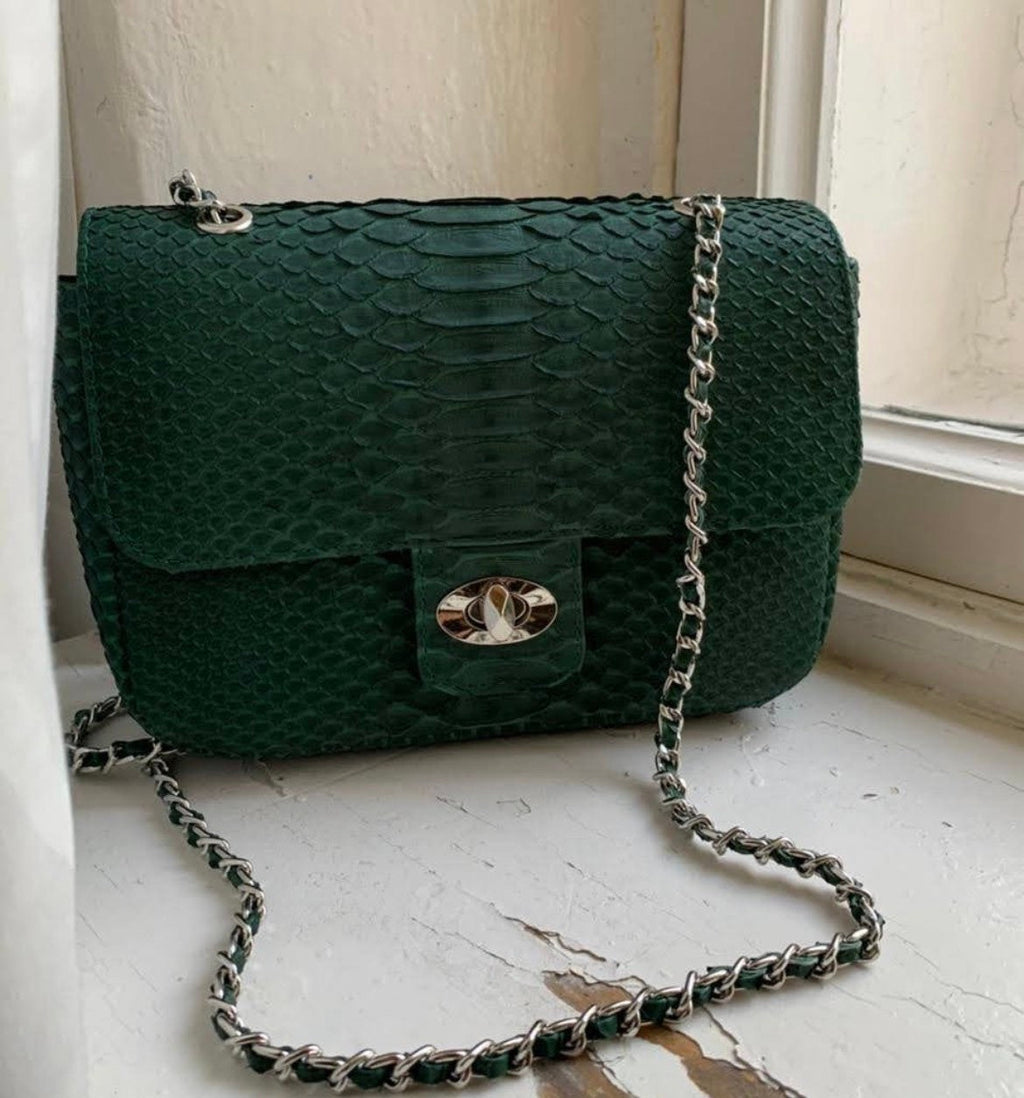 Dark Green Genuine Python Skin Crossbody Chain Bag