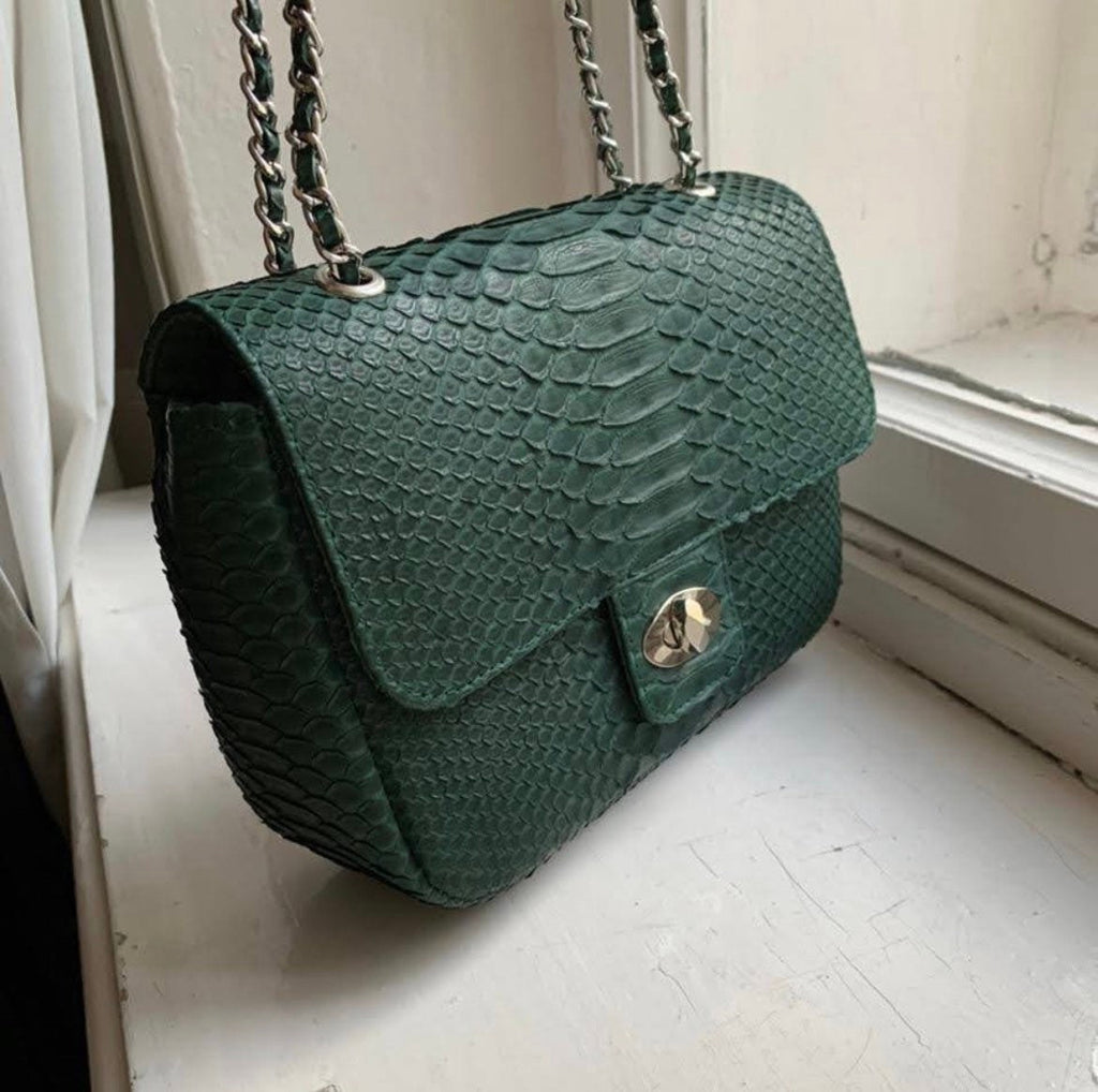Dark Green Genuine Python Skin Crossbody Chain Bag