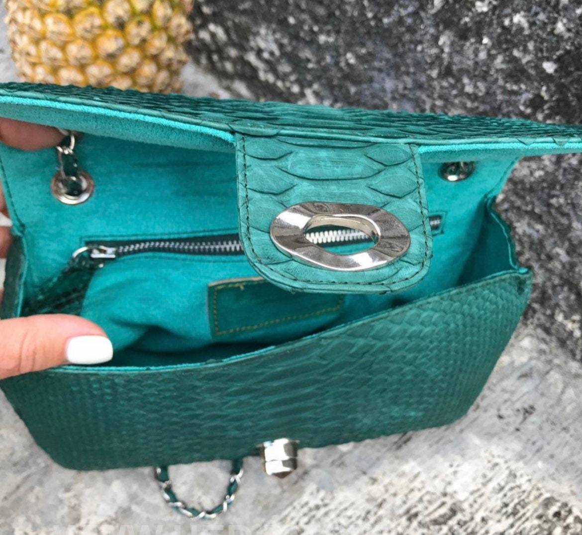 Dark Green Genuine Python Skin Crossbody Chain Bag