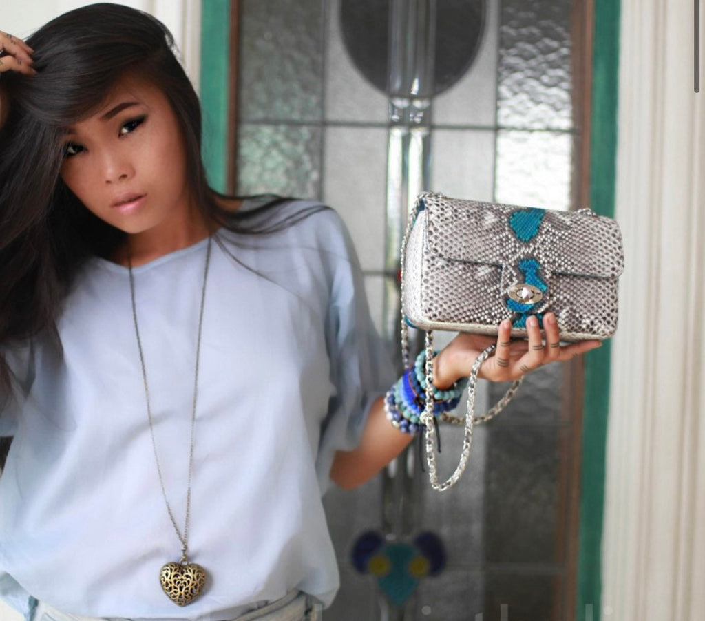 Gray and blue Genuine Python Skin Crossbody Chain Bag