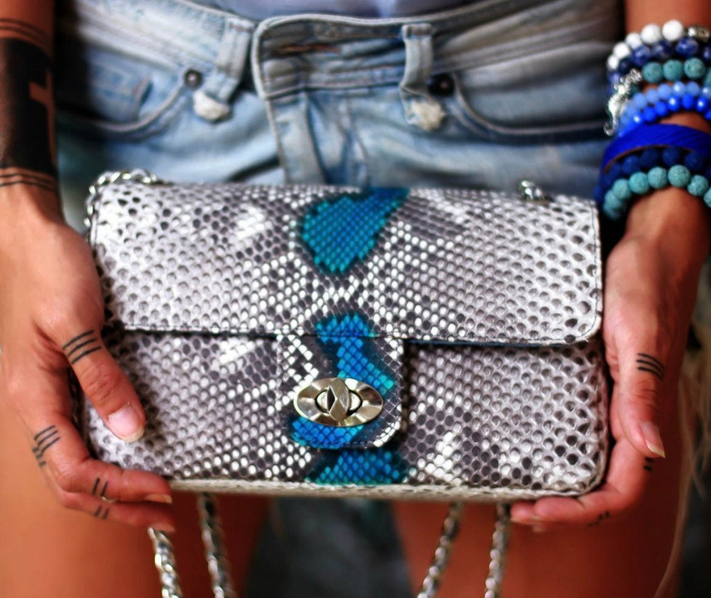 Gray and blue Genuine Python Skin Crossbody Chain Bag