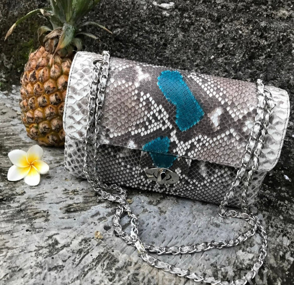 Gray and blue Genuine Python Skin Crossbody Chain Bag
