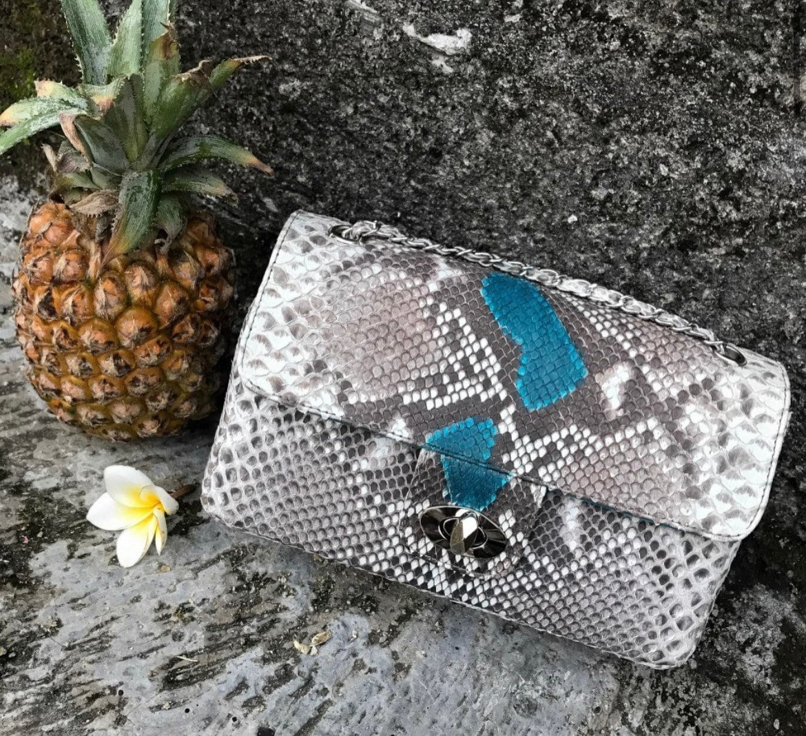 Gray and blue Genuine Python Skin Crossbody Chain Bag