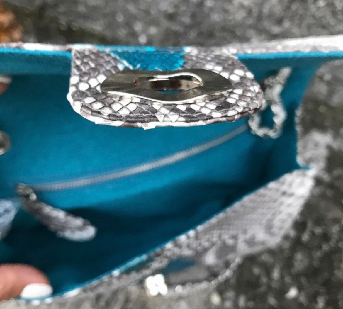 Gray and blue Genuine Python Skin Crossbody Chain Bag