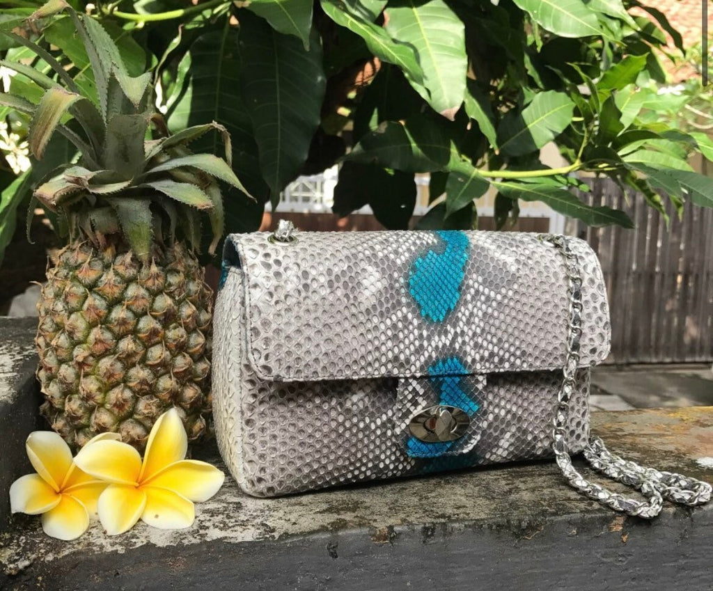 Genuine Python Skin Chain Crossbody Bag — Gray & Blue