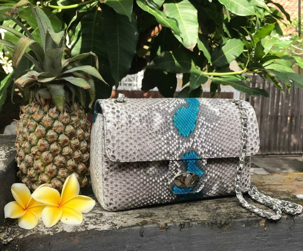 Gray and blue Genuine Python Skin Crossbody Chain Bag
