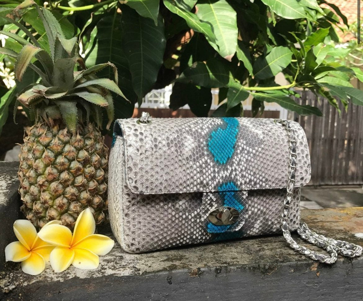 Gray and blue Genuine Python Skin Crossbody Chain Bag