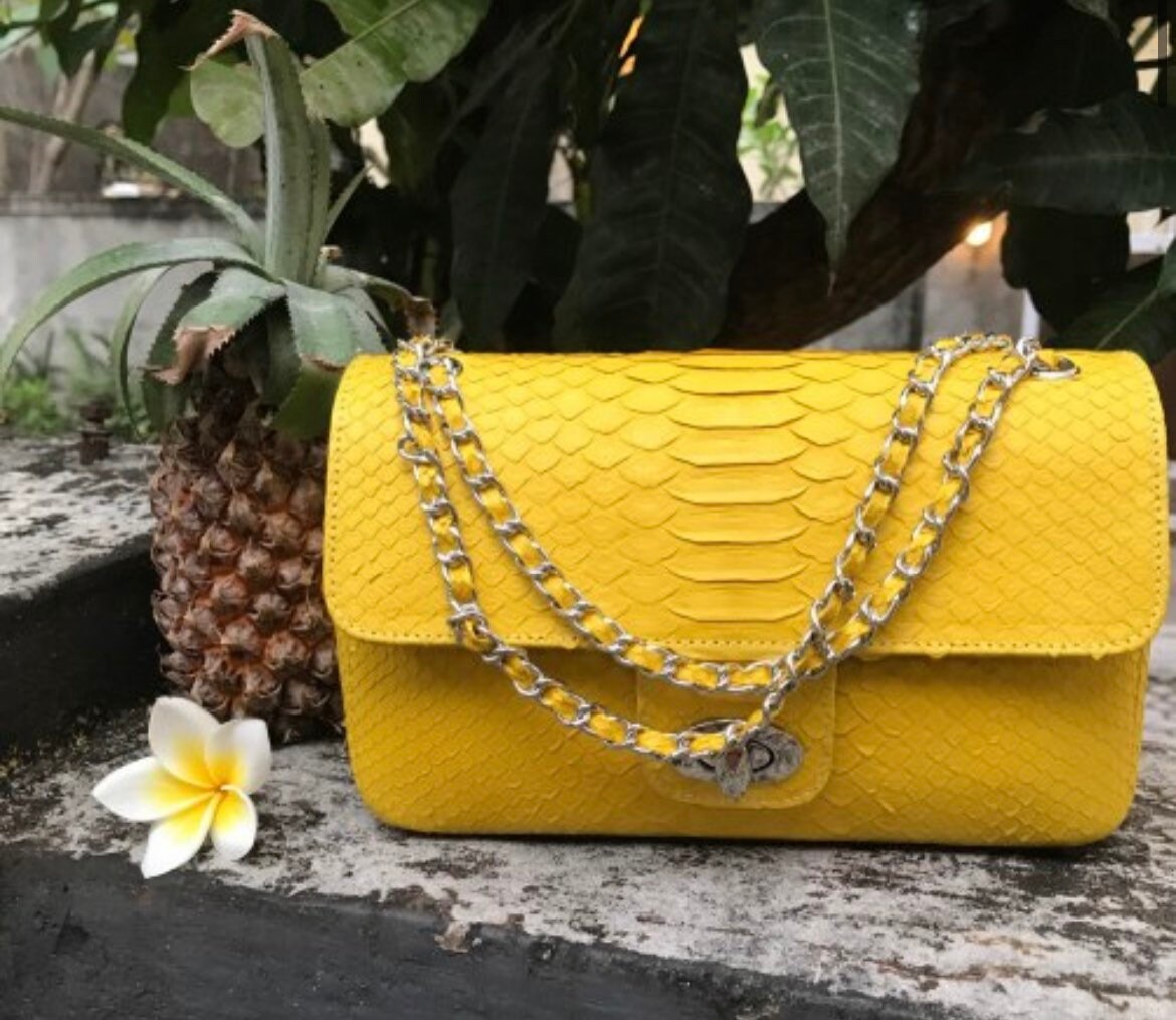 Yellow Genuine Python Skin Crossbody Chain Bag